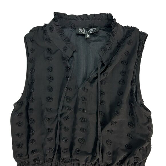 New Sweet Wanderer Dress Sz M Black Sheath Midi Fit Flare Pom Pom Polka Dot NWT - Picture 2 of 10